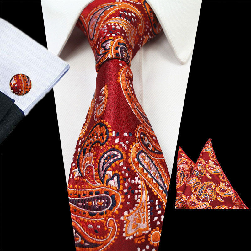 Red Orange Paisley Tie Handkerchief Cufflink Set