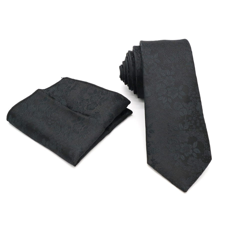 Solid Black Flowers Tie Handkerchief Cufflink Set