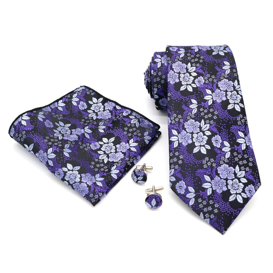 Purple Flowers Tie Handkerchief Cufflink Set