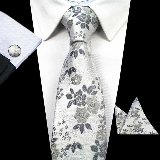 Vintage Gray Flower Tie Handkerchief Cufflink Set