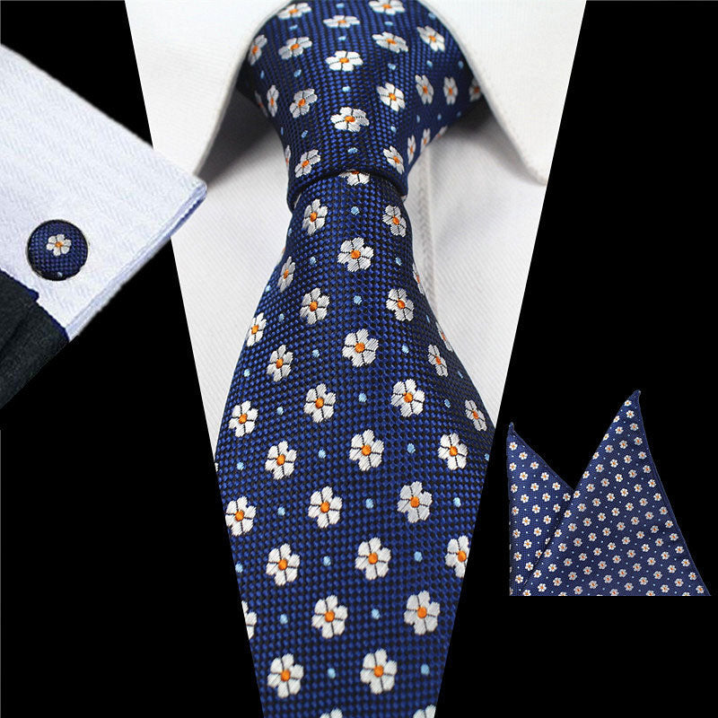 Navy Blue Beige Dot Tie Handkerchief Cufflink Set