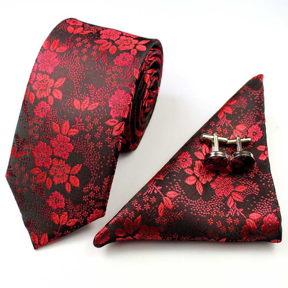 Red Flowers Floral Tie Handkerchief Cufflink Set