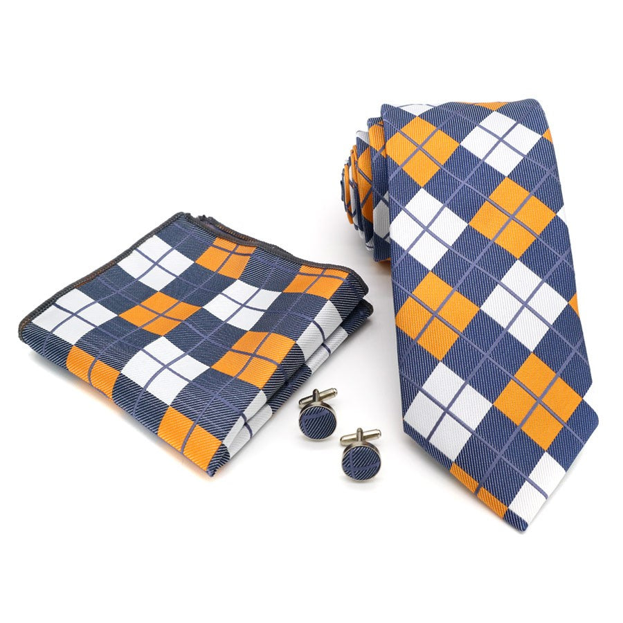 Blue Brown Gray Plaids Gravata Tie Handkerchief Cufflink Set