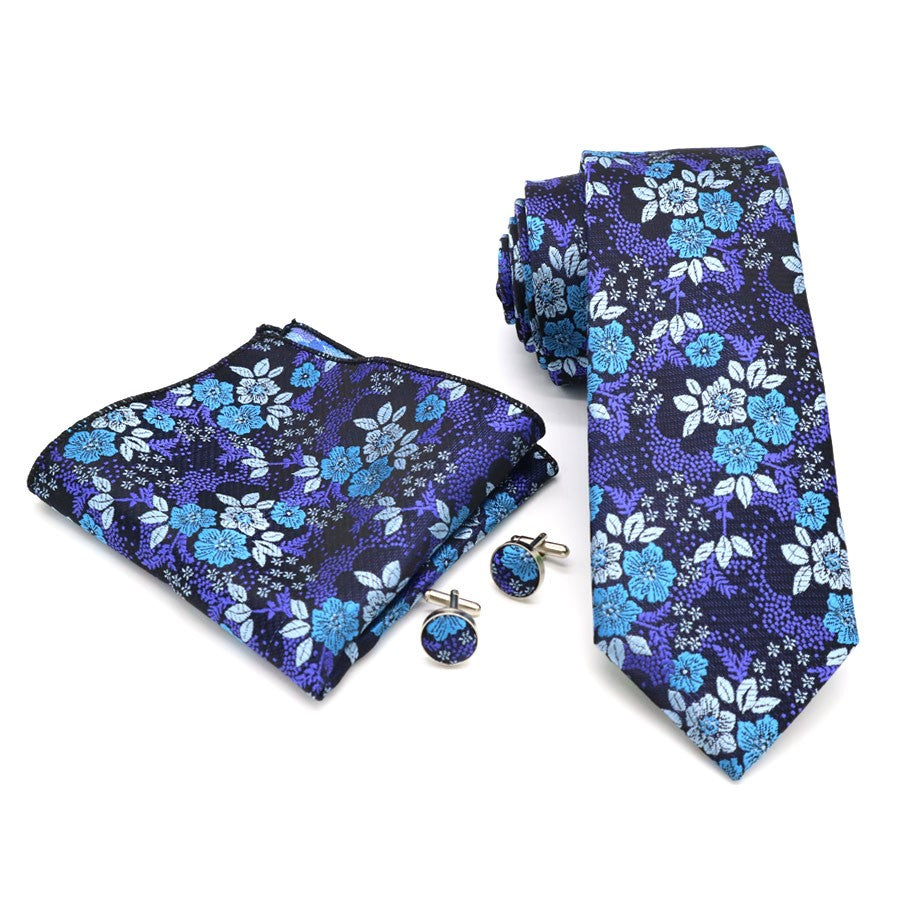 Blue Purple Floral Tie Handkerchief Cufflink Set