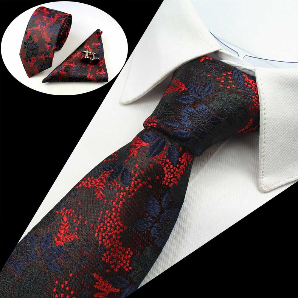 Red Black Floral Tie Handkerchief Cufflink Set
