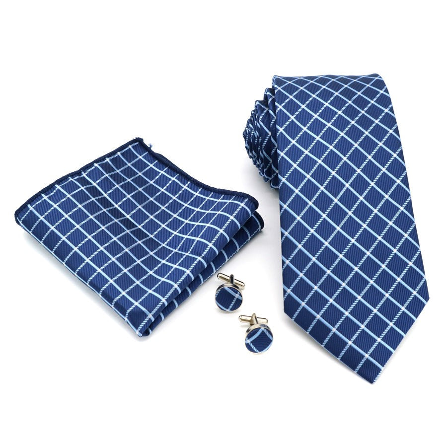 Blue Plaids Stripes Tie Handkerchief Cufflink Set