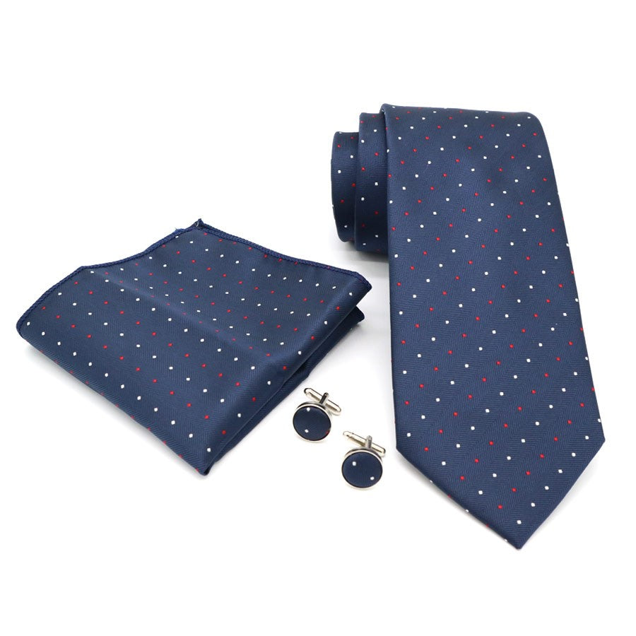 Blue Stripe Red Dots Tie Handkerchief Cufflink Set