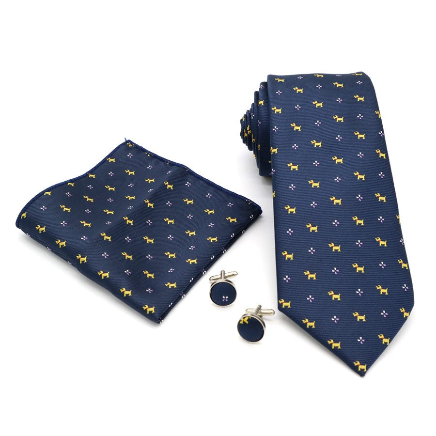 Navy Casartoon Dog Tie Handkerchief Cufflink Set