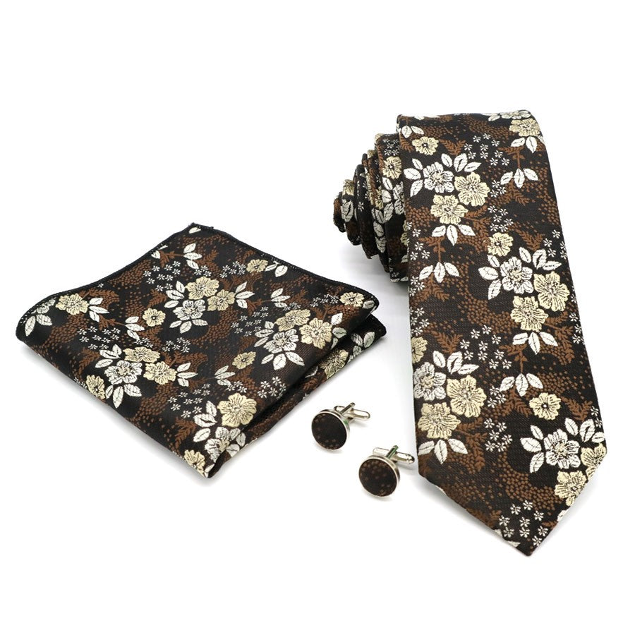 Brown Gray Flowers Tie Handkerchief Cufflink Set