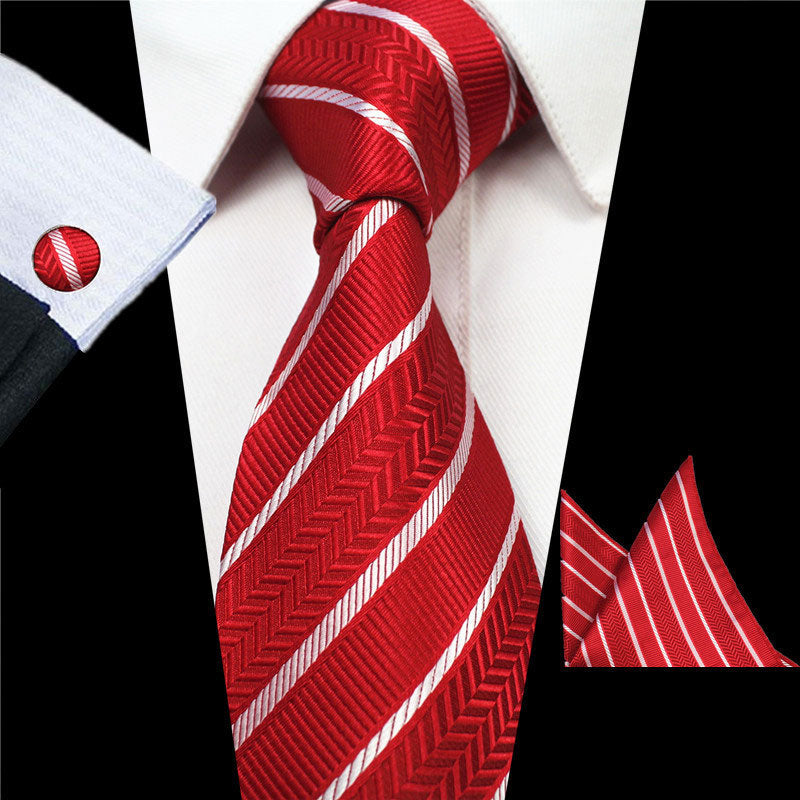 Red White Stripes Gravata Tie Handkerchief Cufflink Set