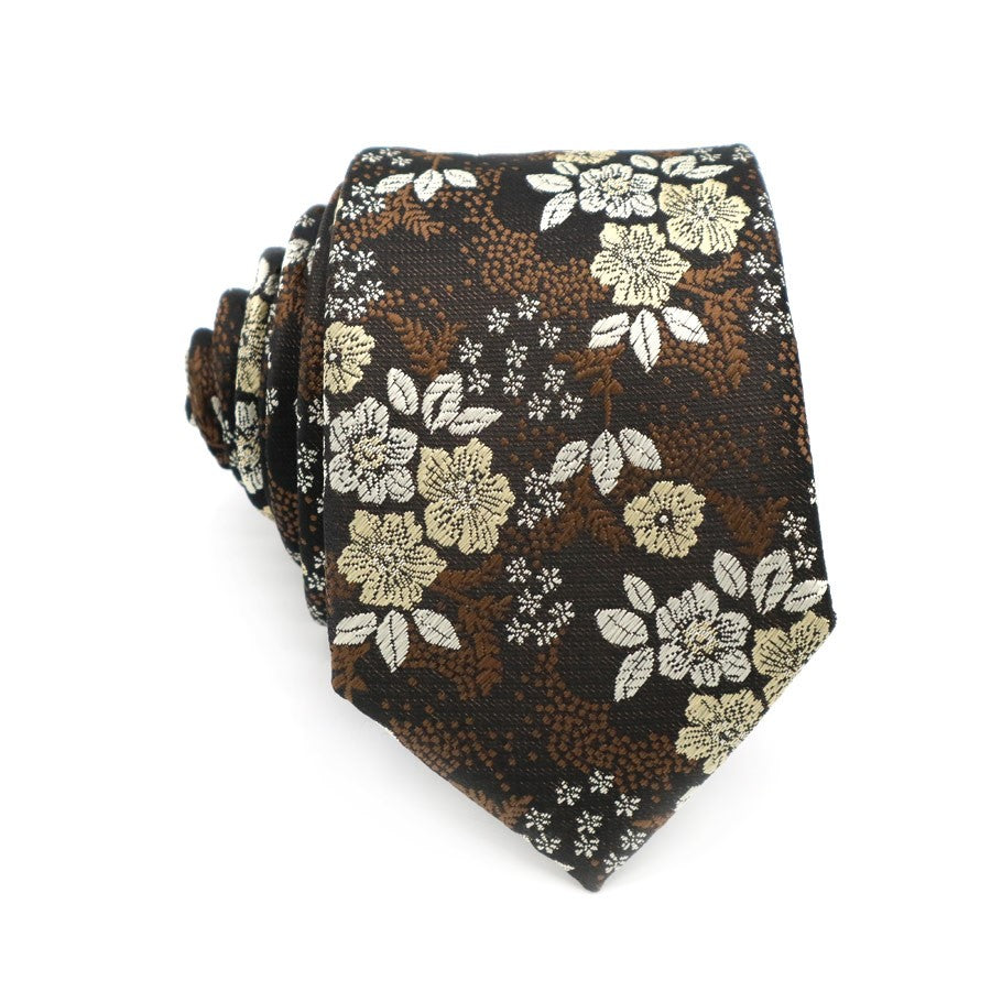 Brown Gray Flowers Tie Handkerchief Cufflink Set