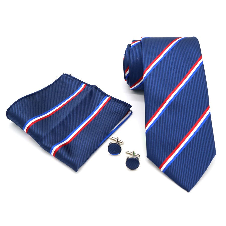 Navy Blue Red Stripes Tie Handkerchief Cufflink Set