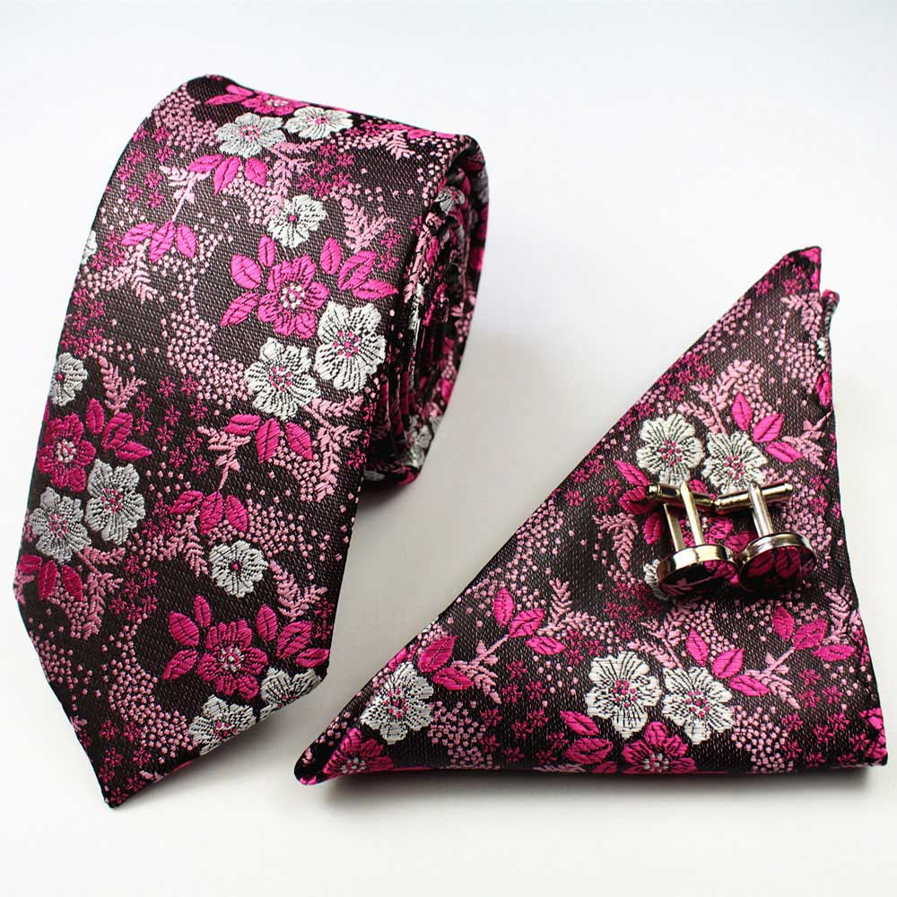 Pink Flowers Floral Tie Handkerchief Cufflink Set
