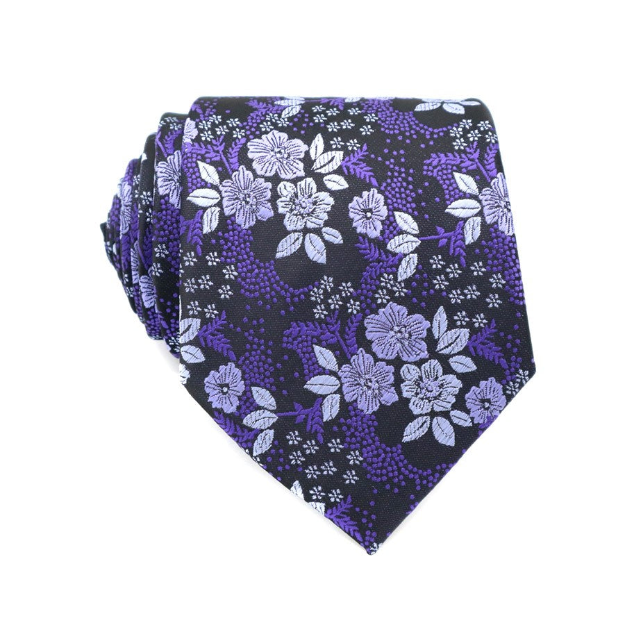 Purple Flowers Tie Handkerchief Cufflink Set