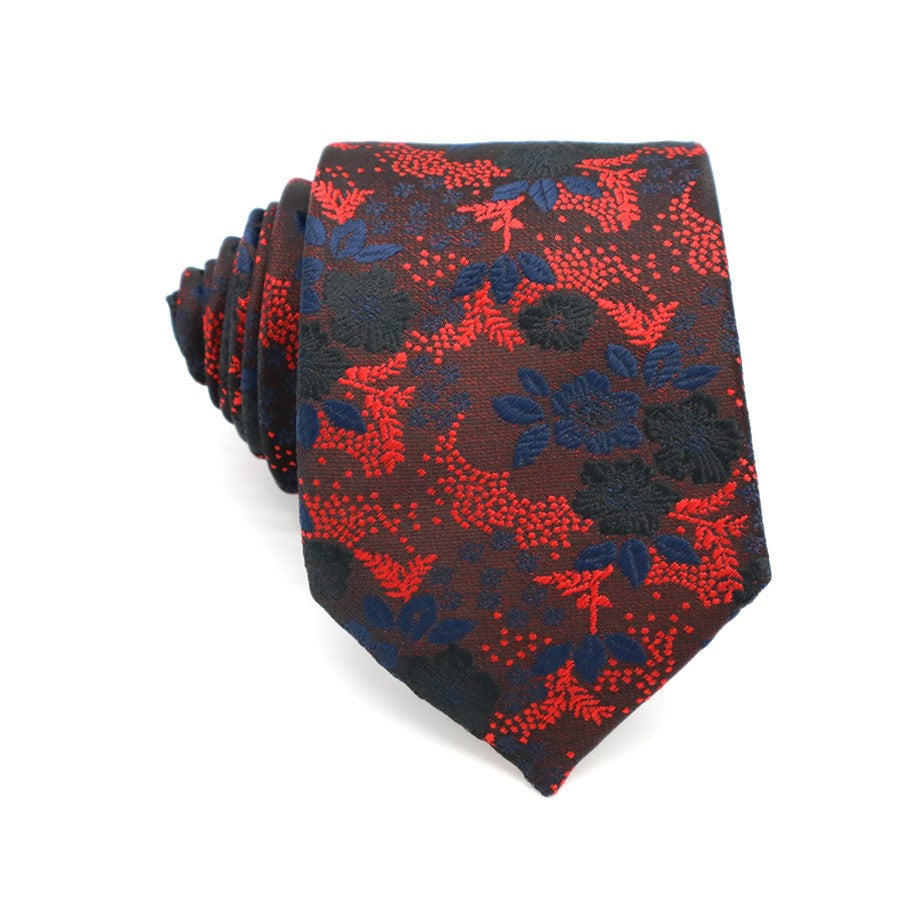 Red Black Floral Tie Handkerchief Cufflink Set