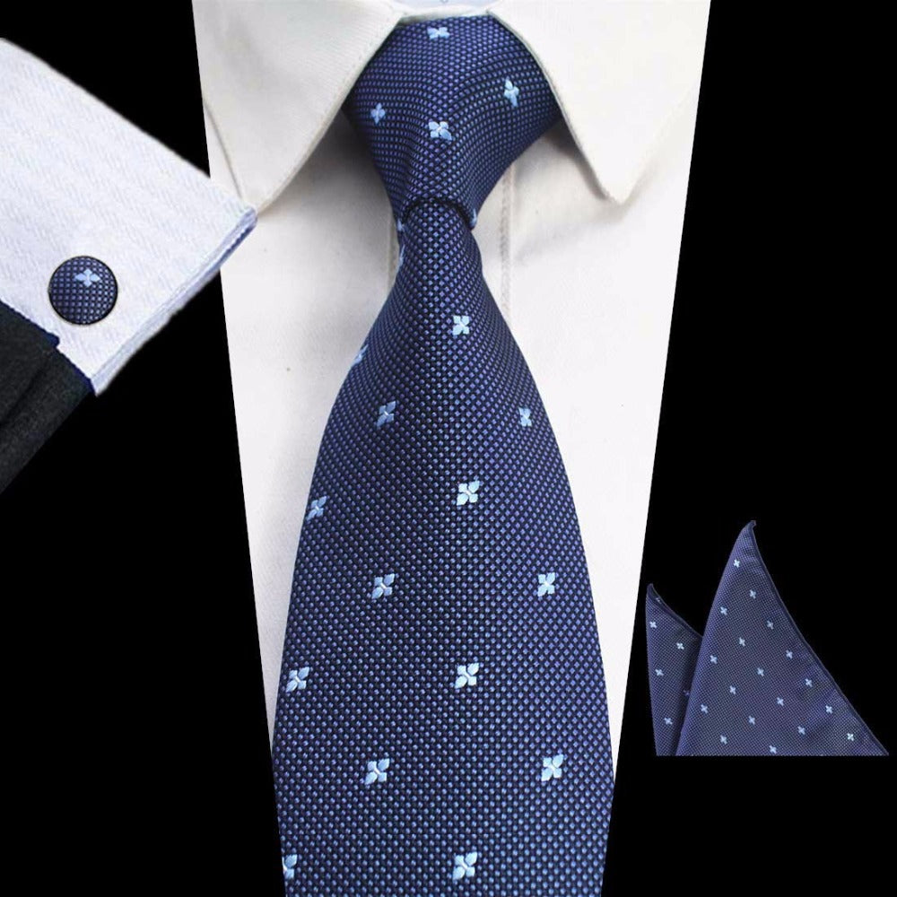Navy Blue Floral Dots Tie Handkerchief Cufflink Set
