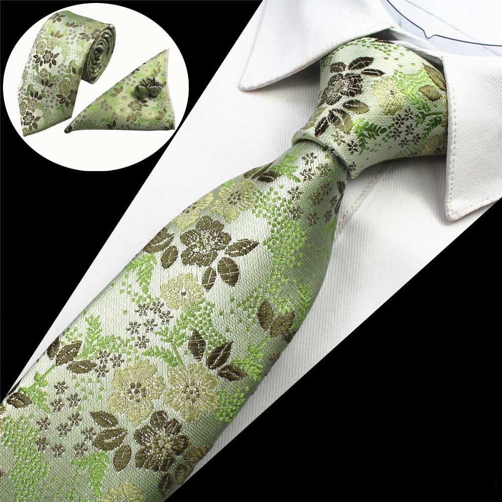 Green Flowers Tie Handkerchief Cufflink Set
