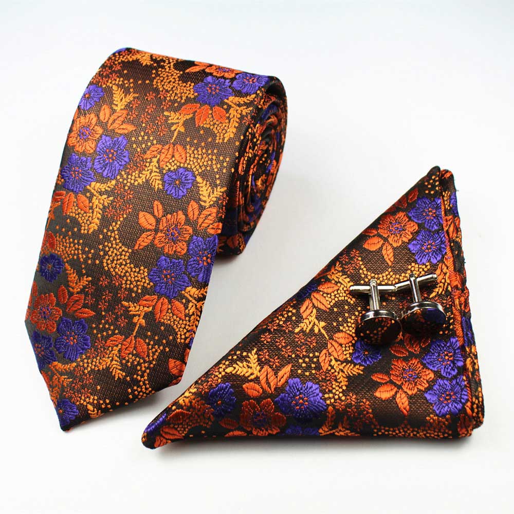Orange Blue Flowers Tie Handkerchief Cufflink Set