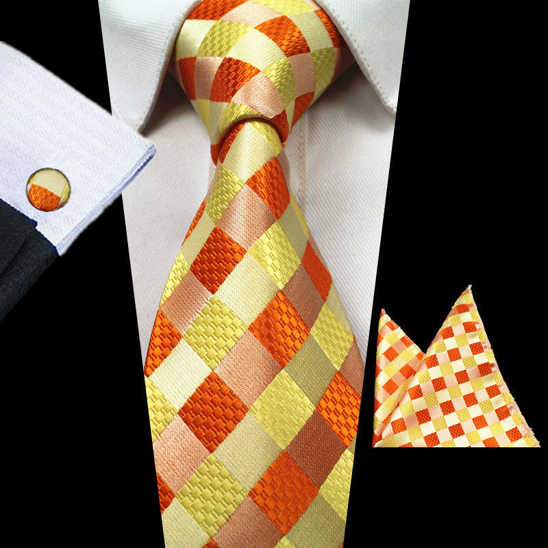 Orange Yellow Plaids Tie Handkerchief Cufflink Set