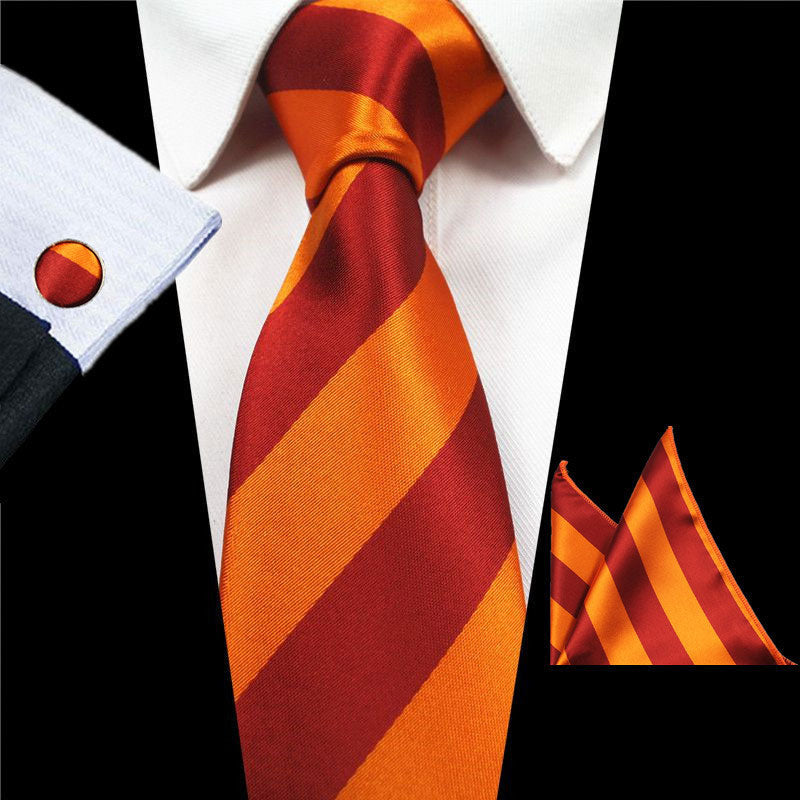 Orange Stripes Tie Handkerchief Cufflink Set