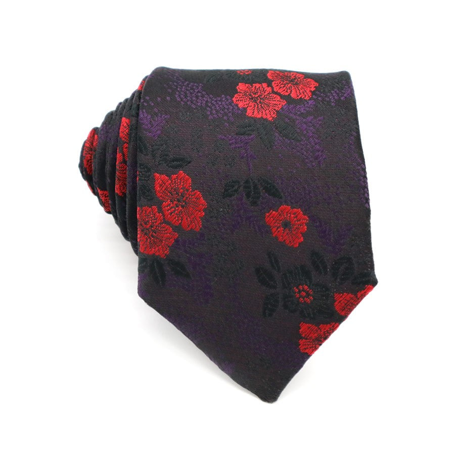 Red Black Flowers Tie Handkerchief Cufflink Set