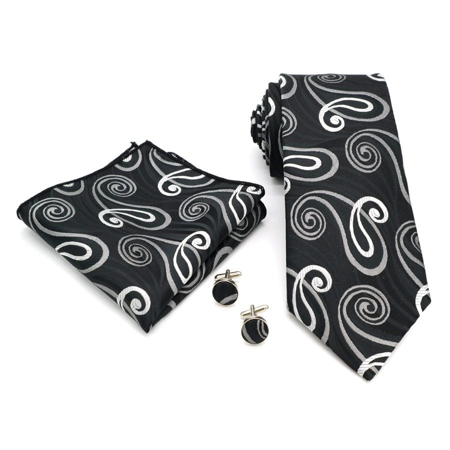 Black Gray Paisley Gravata Tie Handkerchief Cufflink Set