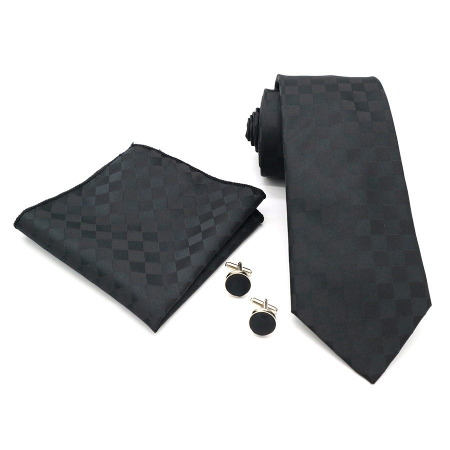 Black Plaids Gravata Tie Handkerchief Cufflink Set