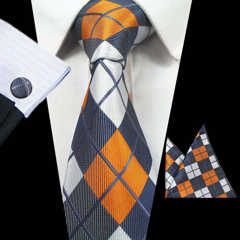 Blue Brown Gray Plaids Gravata Tie Handkerchief Cufflink Set