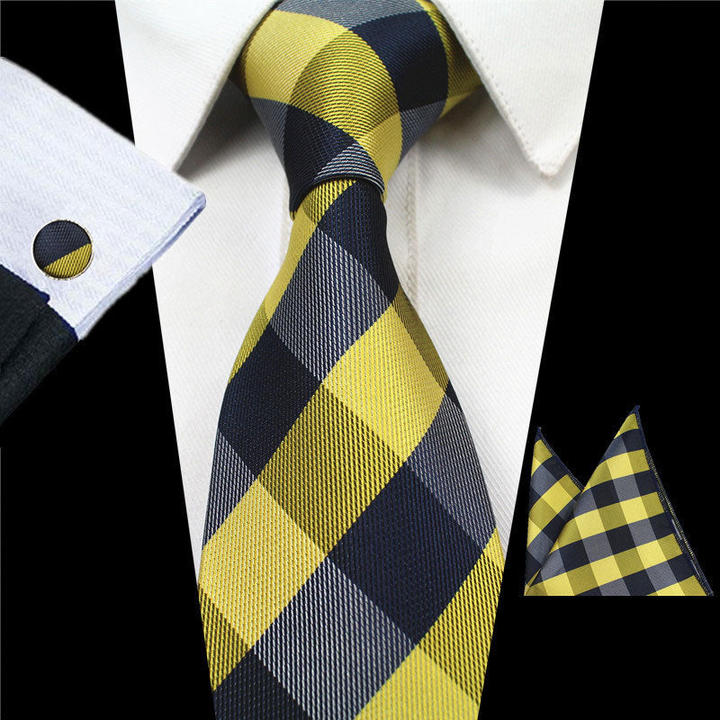 Yellow Gray Plaids Gravata Tie Handkerchief Cufflink Set