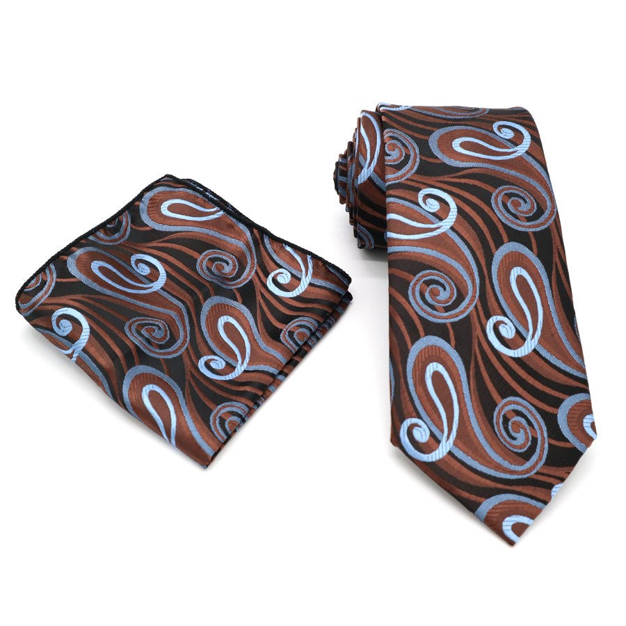 Brown Blue Paisley Gravata Tie Handkerchief Cufflink Set