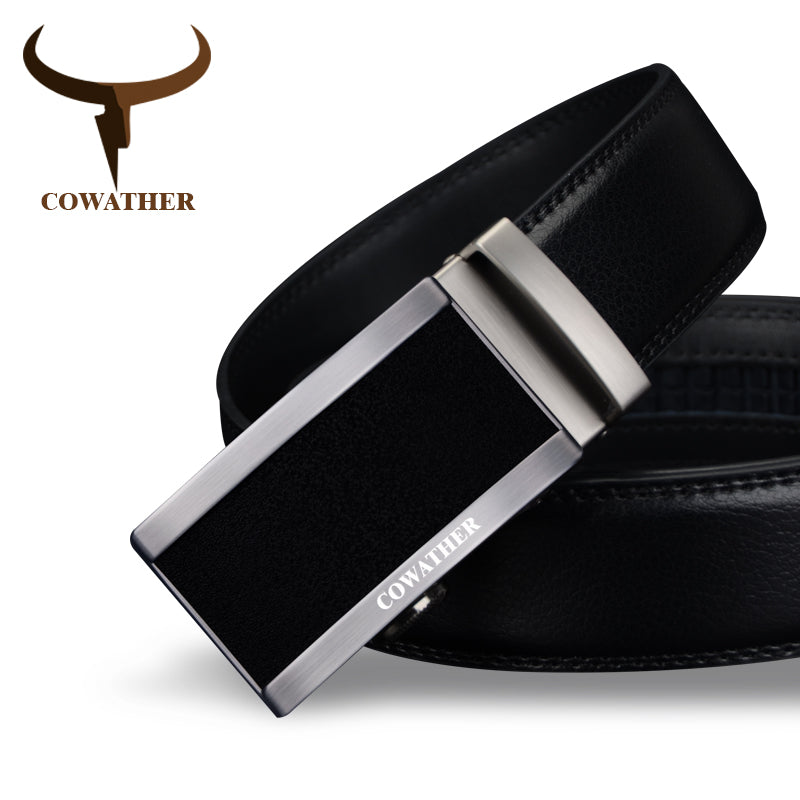 Cowather Genuine Leather Automatic Buckle Black Belt - Buckle Options Available