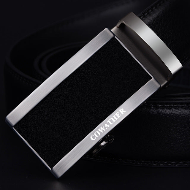 Cowather Genuine Leather Automatic Buckle Black Belt - Buckle Options Available