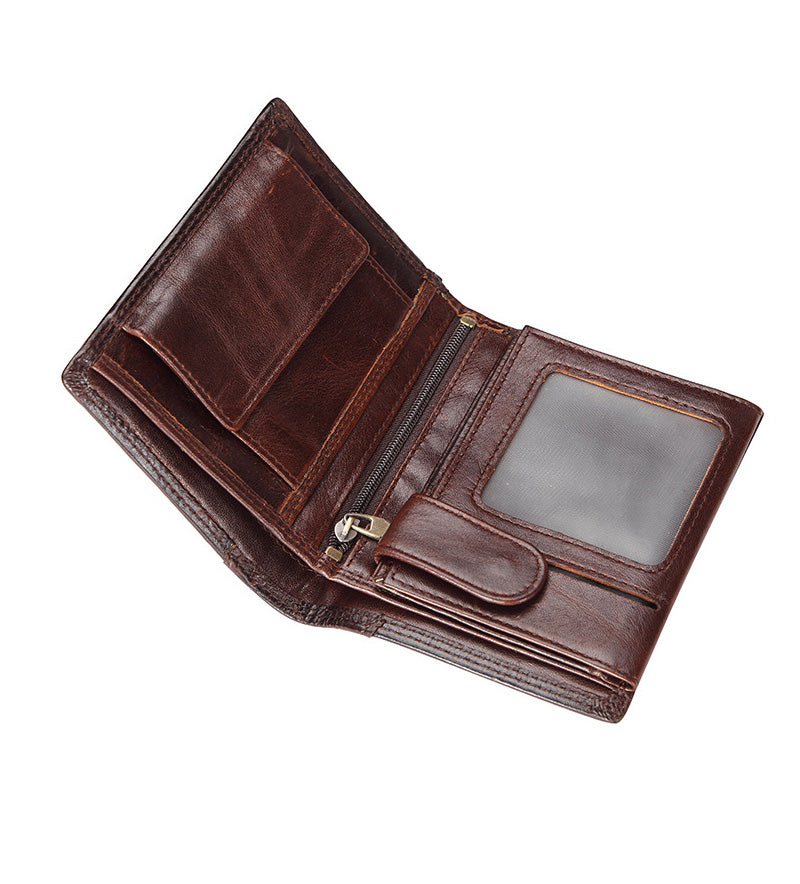 Men's Genuine Leather Compact Wallet - Coffee