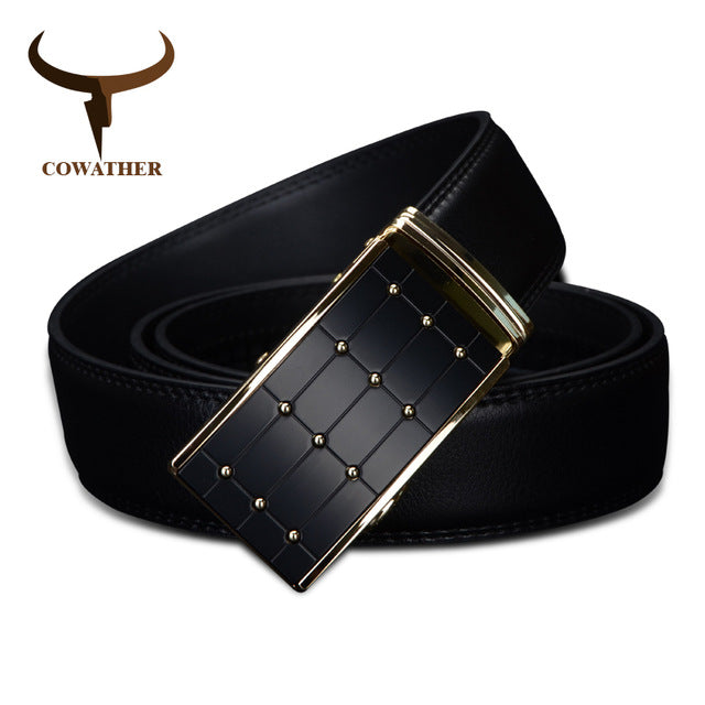Cowather Black Genuine Leather Automatic Buckle Belt - CZ023