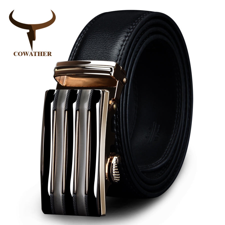 Cowather Genuine Leather Automatic Alloy Buckle Black Belt - CZ030