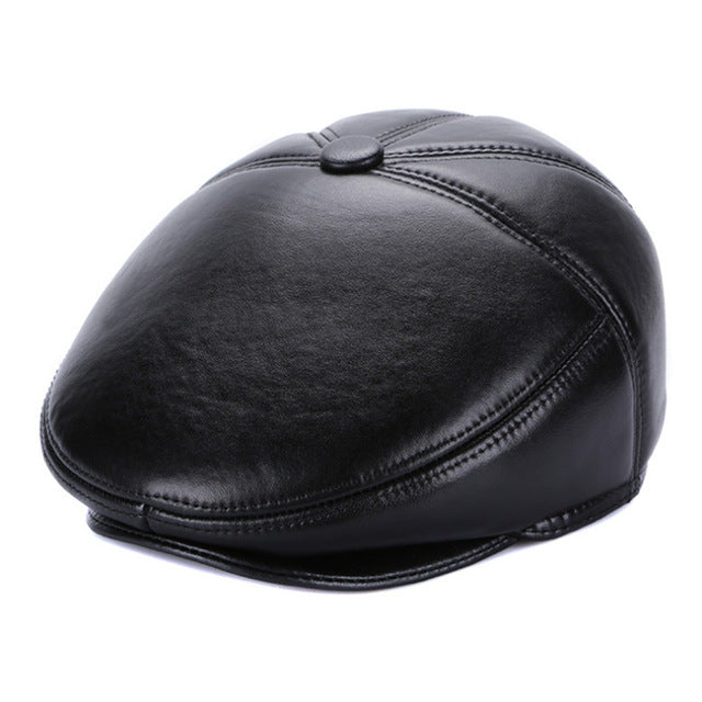 Genuine Leather Black Newsboy Cap