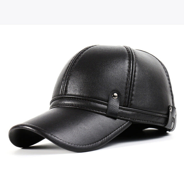 Faux Leather Baseball Cap with Ear Flaps