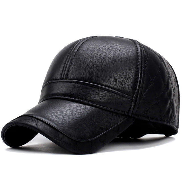 Black Faux Leather Baseball Cap with Ear Flaps
