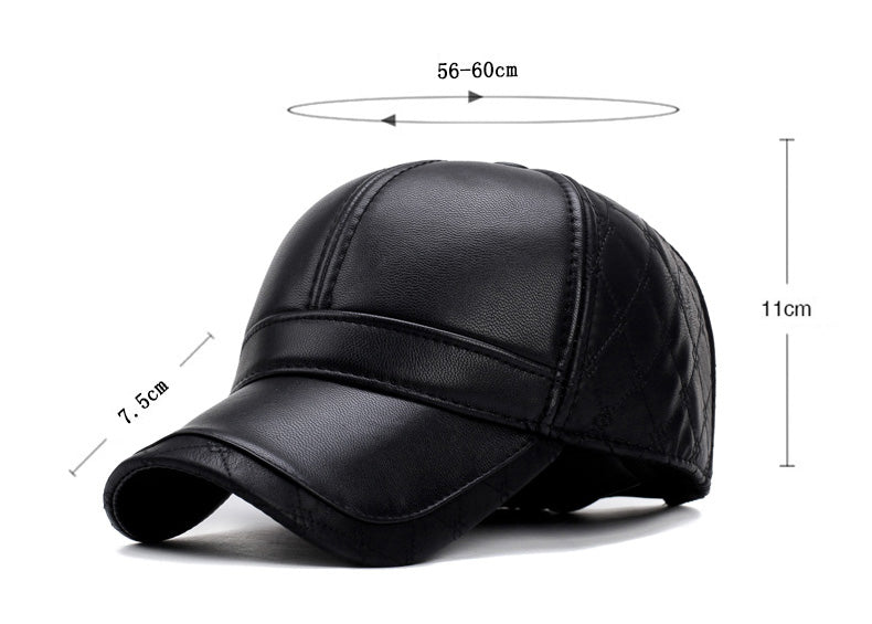 Black Faux Leather Baseball Cap with Ear Flaps