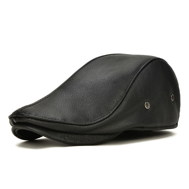 Black Genuine Leather Beret Hat with Ears Flap